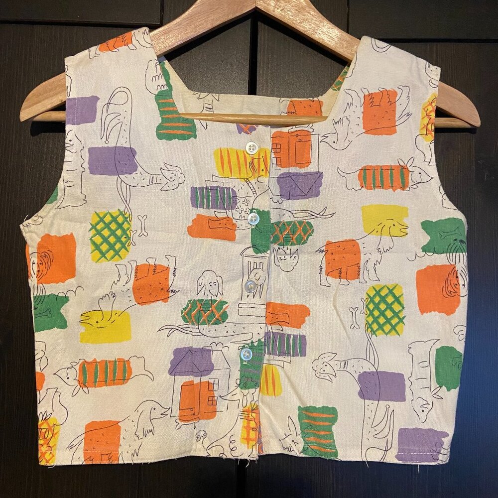 Vintage 1950 to 1960 Button Up Tank Doggie Block Color Print Maybe Linen